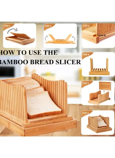Bamboo Bread Slicer Tool Homemade Bread Foldable Loaf Cutting Holder with Crumb Catcher Tray (No FDA, BPA Free) - Flat Type