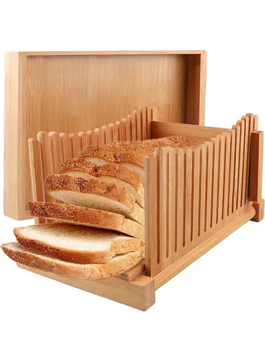 Bamboo Bread Slicer Tool Homemade Bread Foldable Loaf Cutting Holder with Crumb Catcher Tray (No FDA, BPA Free) - Flat Type