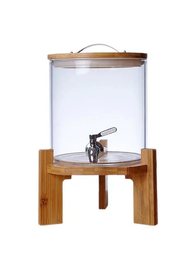 5L Clear High Borosilicate Glass Juice Infuser with Faucet Beverage Dispenser with Wooden Base (BPA Free, No FDA)