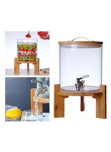 5L Clear High Borosilicate Glass Juice Infuser with Faucet Beverage Dispenser with Wooden Base (BPA Free, No FDA)