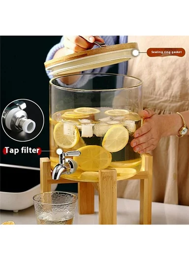5L Clear High Borosilicate Glass Juice Infuser with Faucet Beverage Dispenser with Wooden Base (BPA Free, No FDA)
