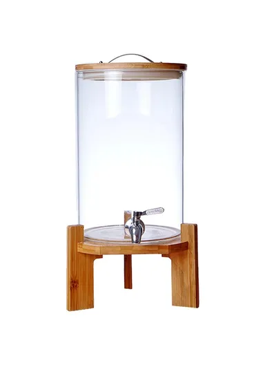7.5L Clear High Borosilicate Glass Juice Infuser with Faucet Beverage Dispenser with Wooden Base (BPA Free, No FDA)
