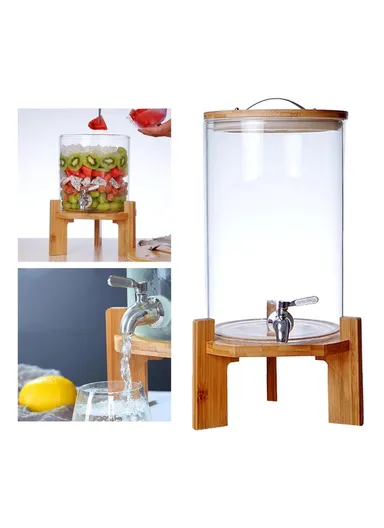 7.5L Clear High Borosilicate Glass Juice Infuser with Faucet Beverage Dispenser with Wooden Base (BPA Free, No FDA)
