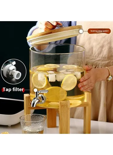7.5L Clear High Borosilicate Glass Juice Infuser with Faucet Beverage Dispenser with Wooden Base (BPA Free, No FDA)