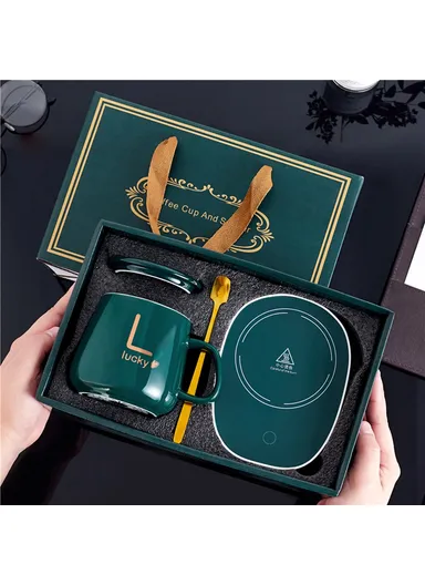 Smart Ceramic Coffee Mug Set 55-Degree Constant Temperature Heating Coaster Warmer Milk Heater - Green