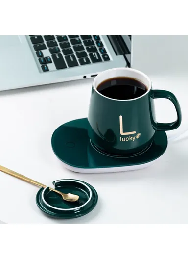 Smart Ceramic Coffee Mug Set 55-Degree Constant Temperature Heating Coaster Warmer Milk Heater - Green