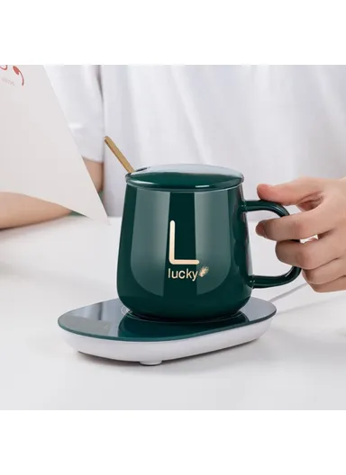 Smart Ceramic Coffee Mug Set 55-Degree Constant Temperature Heating Coaster Warmer Milk Heater - Green