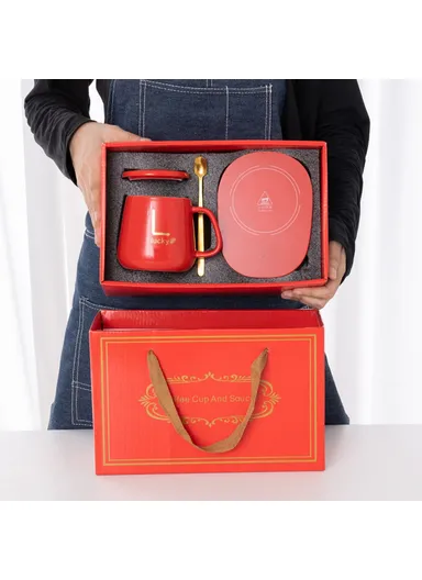 Smart Ceramic Coffee Mug Set 55-Degree Constant Temperature Heating Coaster Warmer Milk Heater - Red