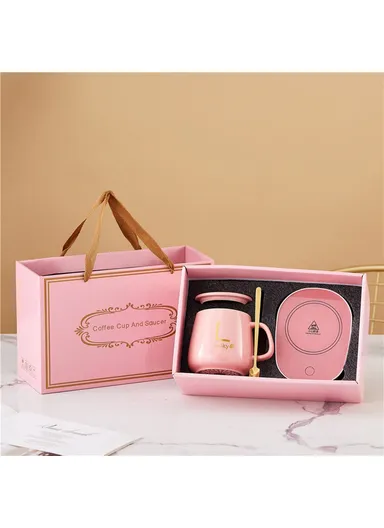 Smart Ceramic Coffee Mug Set 55-Degree Constant Temperature Heating Coaster Warmer Milk Heater - Pink