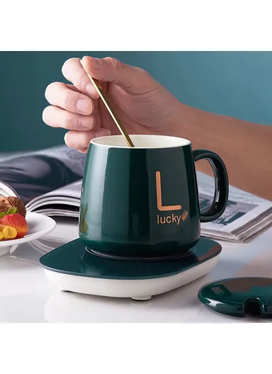 Smart Ceramic Coffee Mug Set 55-Degree Constant Temperature Heating Coaster Warmer Milk Heater - White