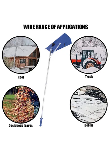 Adjustable Roof Snow Rake with Wheels Aluminum Telescoping Handle Snow Scraper - Blue