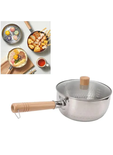 20cm Diameter Japanese Saucepan with Lid Wooden Handle Stainless Steel Milk Soup Pot,  (BPA Free, No FDA)