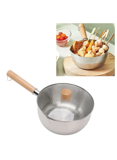 20cm Diameter Japanese Saucepan with Lid Wooden Handle Stainless Steel Milk Soup Pot,  (BPA Free, No FDA)