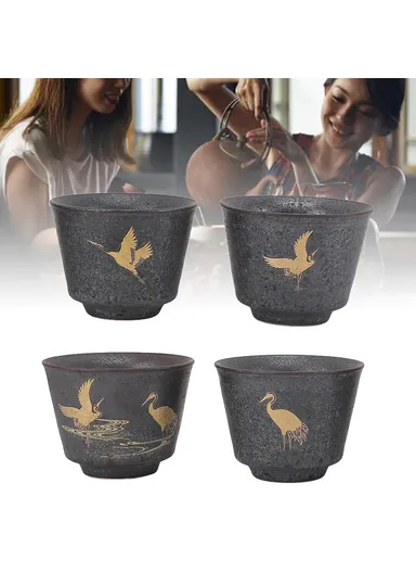 4Pcs / Set Ceramic Kung Fu Tea Cups Handcrafted Coarse Pottery Auspicious Crane Design Cup for Chinese Tea Ceremony