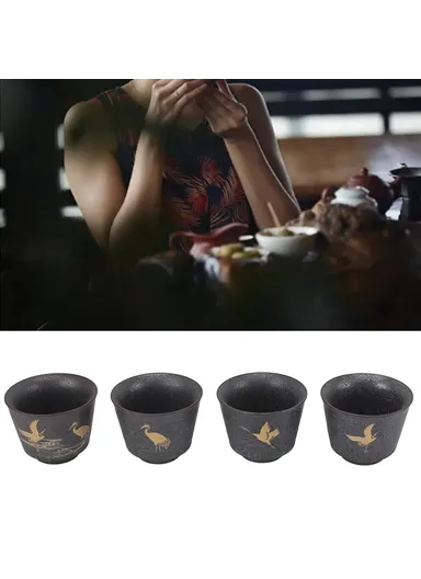 4Pcs / Set Ceramic Kung Fu Tea Cups Handcrafted Coarse Pottery Auspicious Crane Design Cup for Chinese Tea Ceremony