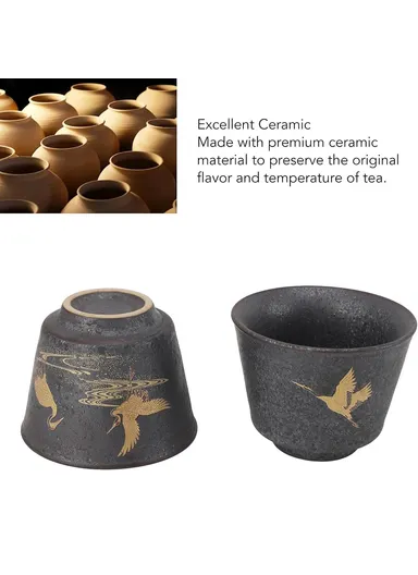 4Pcs / Set Ceramic Kung Fu Tea Cups Handcrafted Coarse Pottery Auspicious Crane Design Cup for Chinese Tea Ceremony