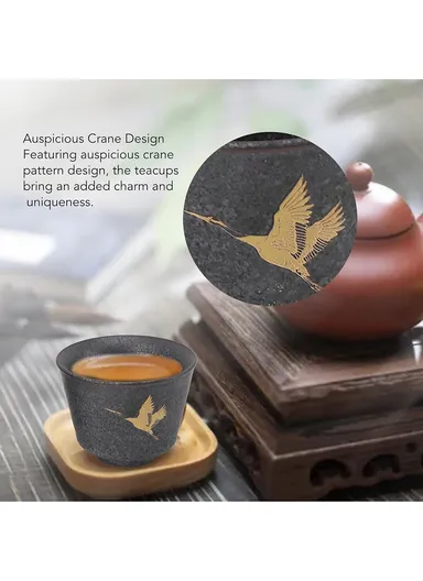 4Pcs / Set Ceramic Kung Fu Tea Cups Handcrafted Coarse Pottery Auspicious Crane Design Cup for Chinese Tea Ceremony