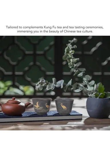 4Pcs / Set Ceramic Kung Fu Tea Cups Handcrafted Coarse Pottery Auspicious Crane Design Cup for Chinese Tea Ceremony