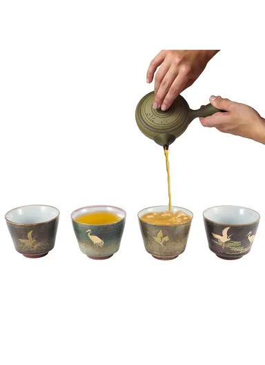 4Pcs / Set Kung Fu Tea Cups Handcrafted Crane Pattern Ceramic Teacups Traditional Chinese Tea Ceremony Gift