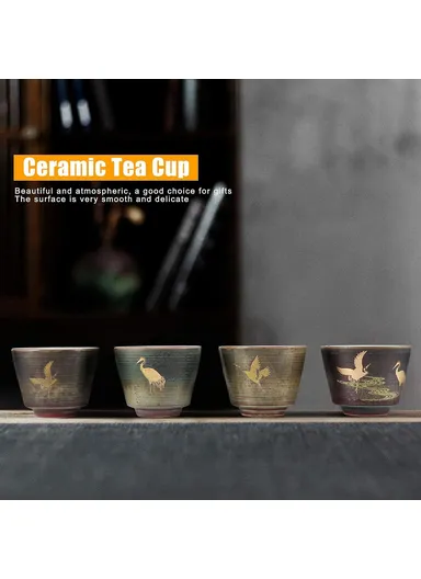 4Pcs / Set Kung Fu Tea Cups Handcrafted Crane Pattern Ceramic Teacups Traditional Chinese Tea Ceremony Gift