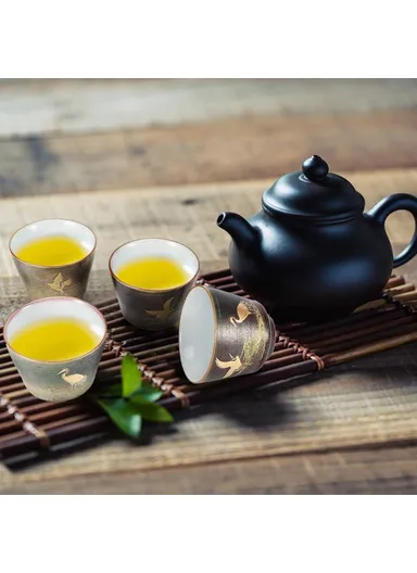 4Pcs / Set Kung Fu Tea Cups Handcrafted Crane Pattern Ceramic Teacups Traditional Chinese Tea Ceremony Gift