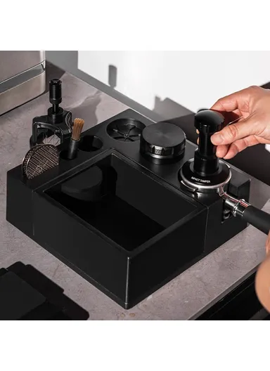 Espresso Tamping Station Accessory Organizer with Knock Box for 51 / 53 / 58mm Portafilters (BPA-Free, No FDA) - Black