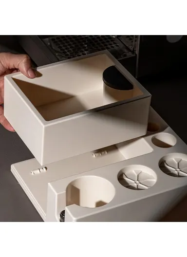 Espresso Tamping Station Accessory Organizer with Knock Box for 51 / 53 / 58mm Portafilters (BPA-Free, No FDA) - White
