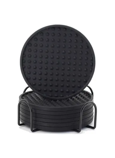 6Pcs Set Round Insulation Silicone, Mat Non-Slip, Heat-Resistant Coasters, with Iron Bracket - Black