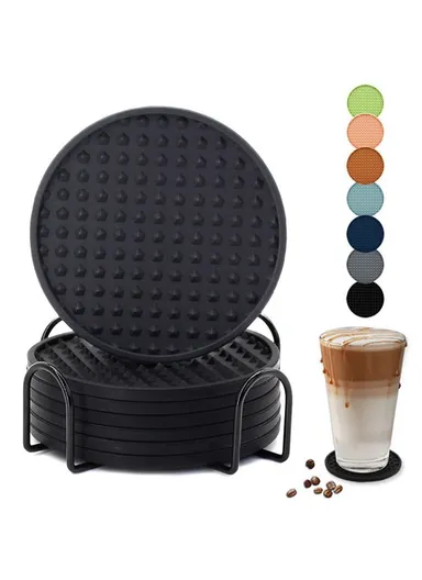 6Pcs Set Round Insulation Silicone, Mat Non-Slip, Heat-Resistant Coasters, with Iron Bracket - Black