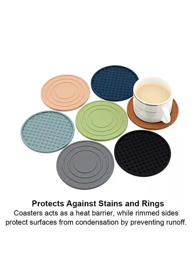 6Pcs Set Round Insulation Silicone, Mat Non-Slip, Heat-Resistant Coasters, with Iron Bracket - Black