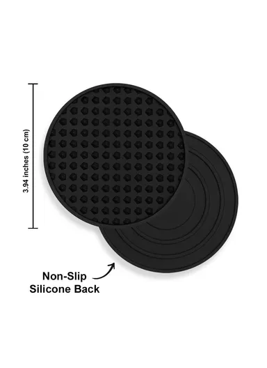 6Pcs Set Round Insulation Silicone, Mat Non-Slip, Heat-Resistant Coasters, with Iron Bracket - Black