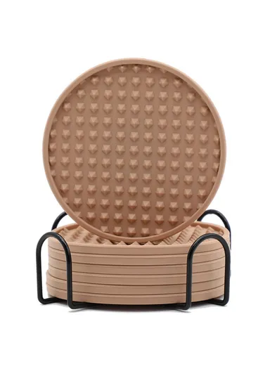 6Pcs Set Round Insulation Silicone, Mat Non-Slip, Heat-Resistant Coasters, with Iron Bracket - Pink