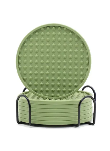6Pcs Set Round Insulation Silicone, Mat Non-Slip, Heat-Resistant Coasters, with Iron Bracket - Green