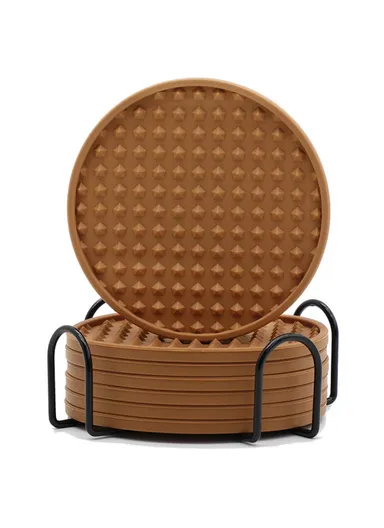 6Pcs Set Round Insulation Silicone, Mat Non-Slip, Heat-Resistant Coasters, with Iron Bracket - Yellowish Brown