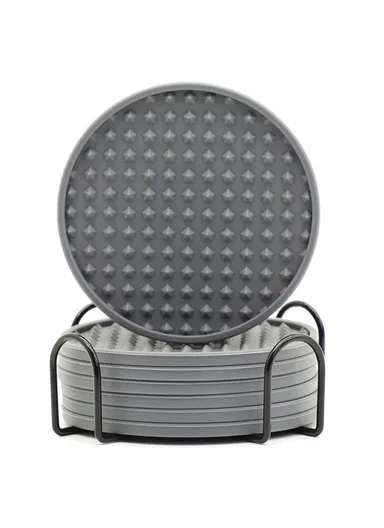 6Pcs Set Round Insulation Silicone, Mat Non-Slip, Heat-Resistant Coasters, with Iron Bracket - Grey