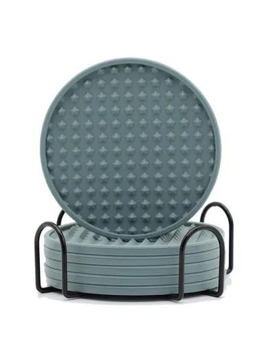 6Pcs Set Round Insulation Silicone, Mat Non-Slip, Heat-Resistant Coasters, with Iron Bracket - Grey Blue