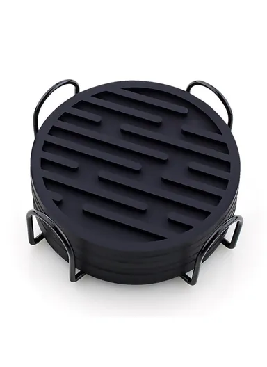 6Pcs Silicone Coasters, Set with Holder Non-Slip Tabletop, Protection for Kinds Cups, Hot or Cold - Black