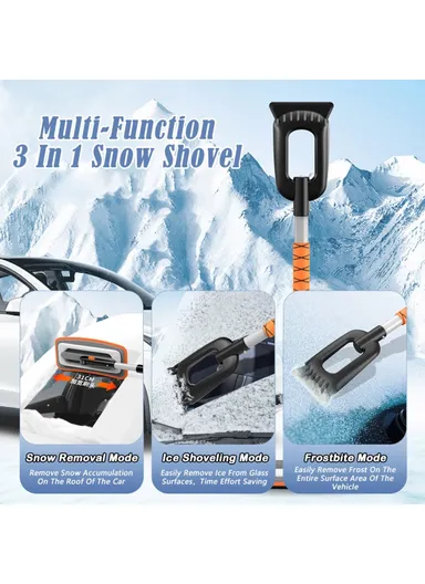 Car Snow Brush Ice Scraper 3 in 1 Extendable Aluminum Alloy Winter Snow Removal Tool - Orange