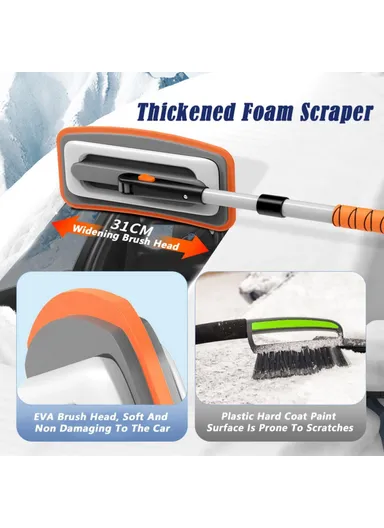 Car Snow Brush Ice Scraper 3 in 1 Extendable Aluminum Alloy Winter Snow Removal Tool - Orange