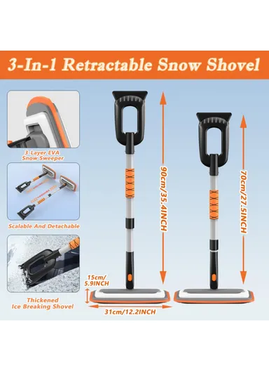 Car Snow Brush Ice Scraper 3 in 1 Extendable Aluminum Alloy Winter Snow Removal Tool - Orange