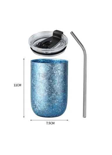 360ml Pure Titanium Double Wall Mug, Insulated Frost Flower Design, Hot Cold Drinks Cup - Blue
