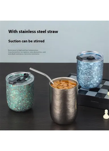 360ml Pure Titanium Double Wall Mug, Insulated Frost Flower Design, Hot Cold Drinks Cup - Green