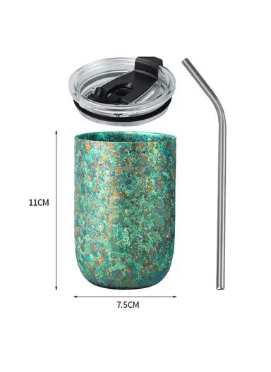 360ml Pure Titanium Double Wall Mug, Insulated Frost Flower Design, Hot Cold Drinks Cup - Green