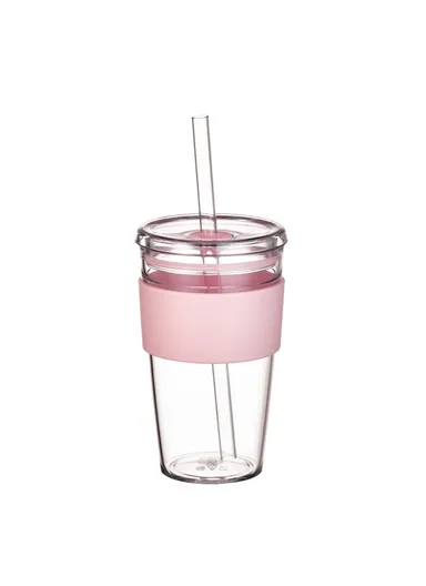 450ml Tritan Straw Cup, Water Bottle, Coffee Mug with Sleeve, Portable Drinkware for Home &amp; Office - Light Pink