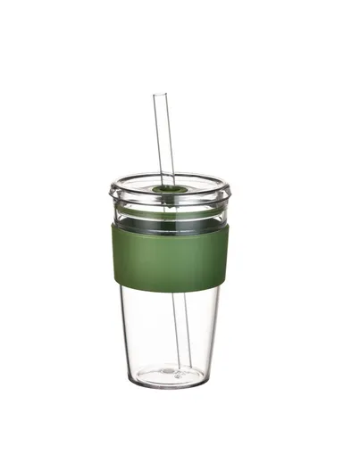 450ml Tritan Straw Cup, Water Bottle, Coffee Mug with Sleeve, Portable Drinkware for Home &amp; Office - Olive Green