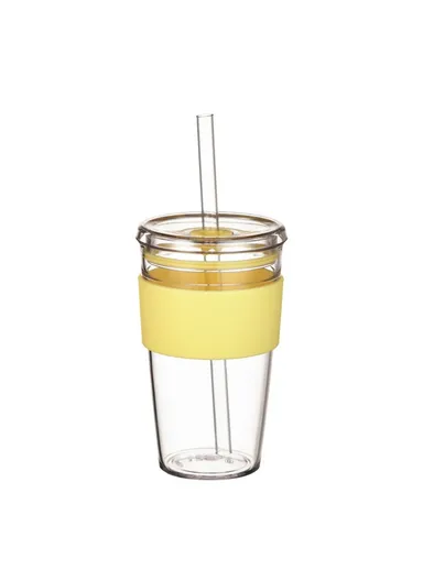 450ml Tritan Straw Cup, Water Bottle, Coffee Mug with Sleeve, Portable Drinkware for Home &amp; Office - Yellow