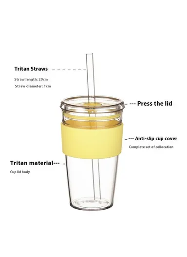 450ml Tritan Straw Cup, Water Bottle, Coffee Mug with Sleeve, Portable Drinkware for Home &amp; Office - Yellow
