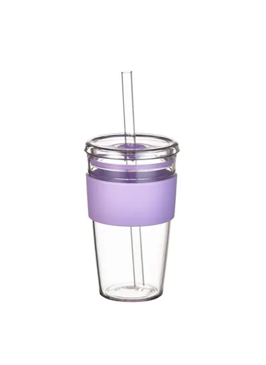 450ml Tritan Straw Cup, Water Bottle, Coffee Mug with Sleeve, Portable Drinkware for Home &amp; Office - Purple