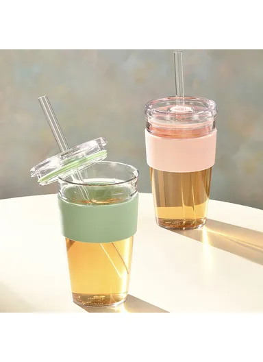 450ml Tritan Straw Cup, Water Bottle, Coffee Mug with Sleeve, Portable Drinkware for Home &amp; Office - Pink