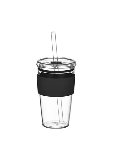 450ml Tritan Straw Cup, Water Bottle, Coffee Mug with Sleeve, Portable Drinkware for Home &amp; Office - Black